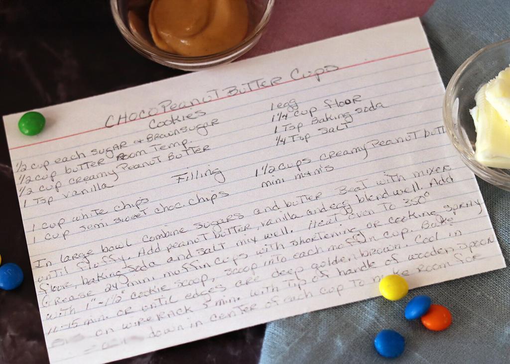 Choco Peanut Butter Cups recipe card with ingredients around it