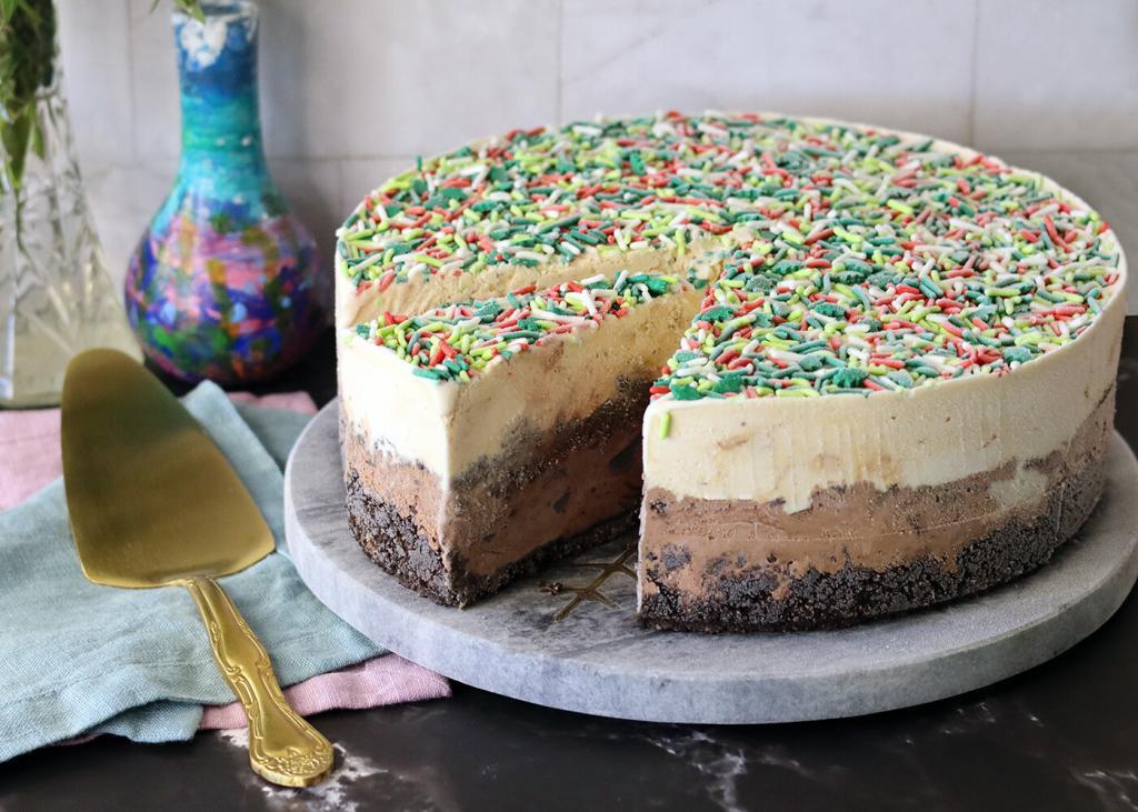 Ice Cream Cake sliced with pie server